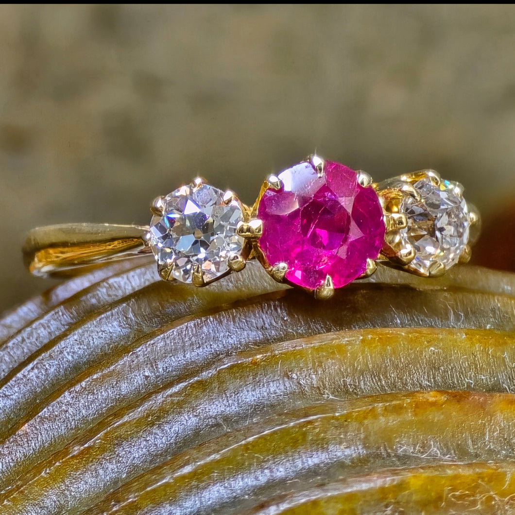 Antique Victorian 1 Carat Round Untreated Burmese Ruby and 2=0.75 European Cut Diamond Crown Ring in 18K, GIA Report