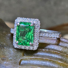 Load image into Gallery viewer, 2.55 Carat Radiant Cut Tsavorite Garnet and Diamond Halo Style Ring in 18K White Gold