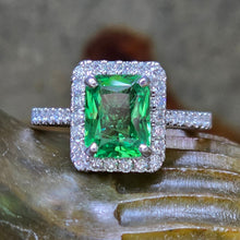 Load image into Gallery viewer, 2.55 Carat Radiant Cut Tsavorite Garnet and Diamond Halo Style Ring in 18K White Gold