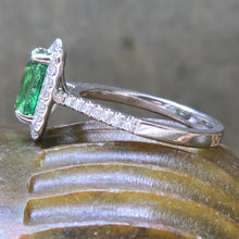 Load image into Gallery viewer, 2.55 Carat Radiant Cut Tsavorite Garnet and Diamond Halo Style Ring in 18K White Gold