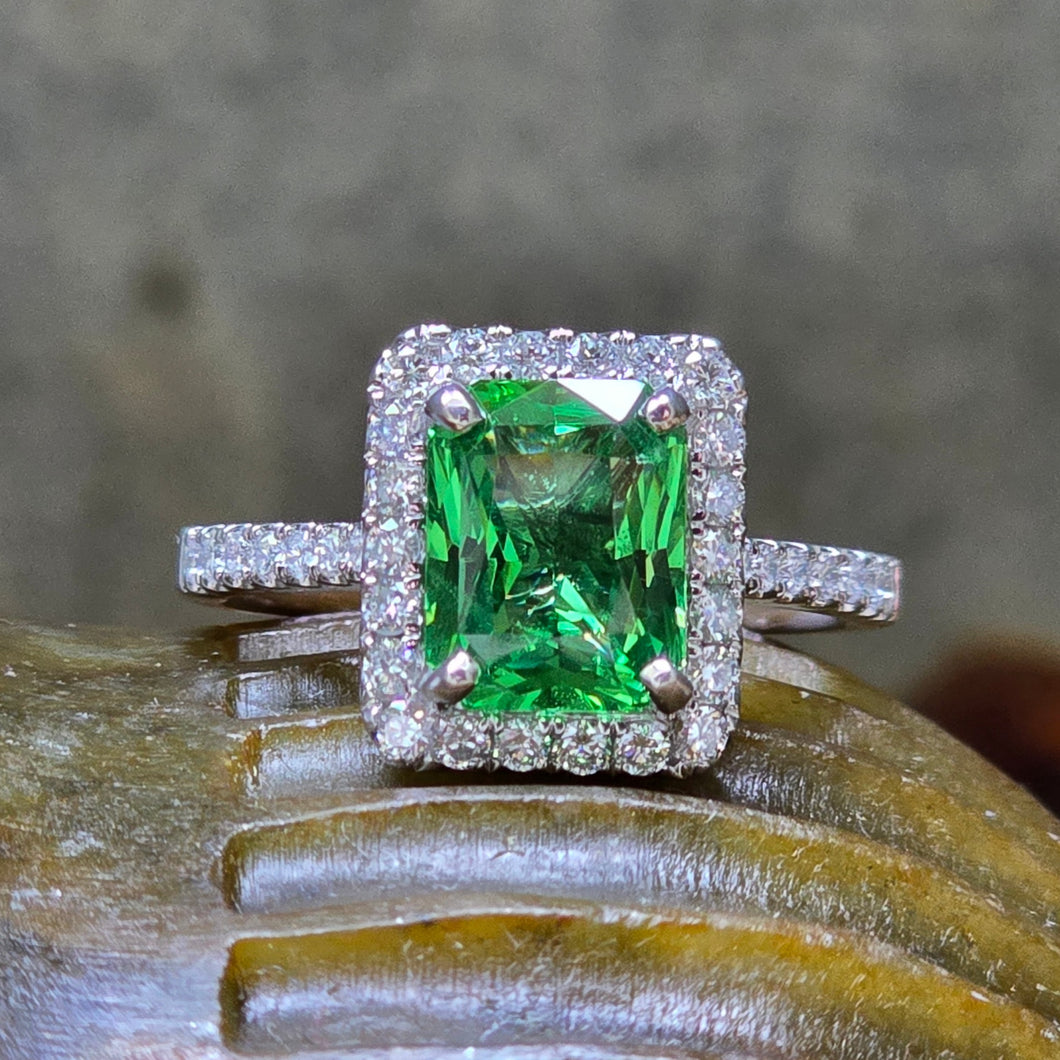 2.55 Carat Radiant Cut Tsavorite Garnet and Diamond Halo Style Ring in 18K White Gold