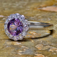 Load image into Gallery viewer, 1.45 Carat Lavender and Diamond Halo Ring in Platinum
